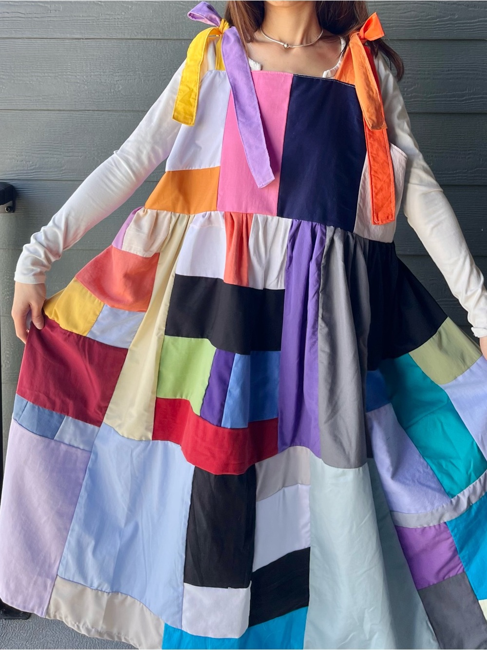 Handmade Quilted Patchwork Colorblock Dress SKU 05246 Tie At Shoulder